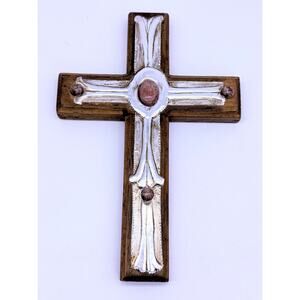 Wood Cross Tooled Tin Overlay Embellished Accents